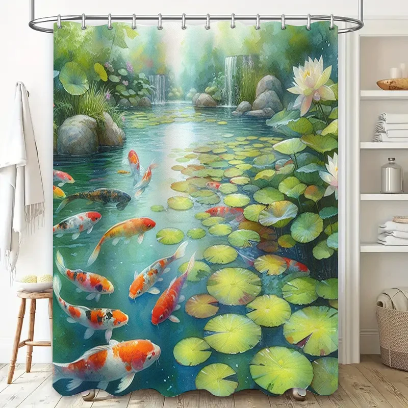 Aquarium Fish Koi - Lebhafter Fisch-Duschvorhang mit Lotusteichszene, wasserdichter Stoff