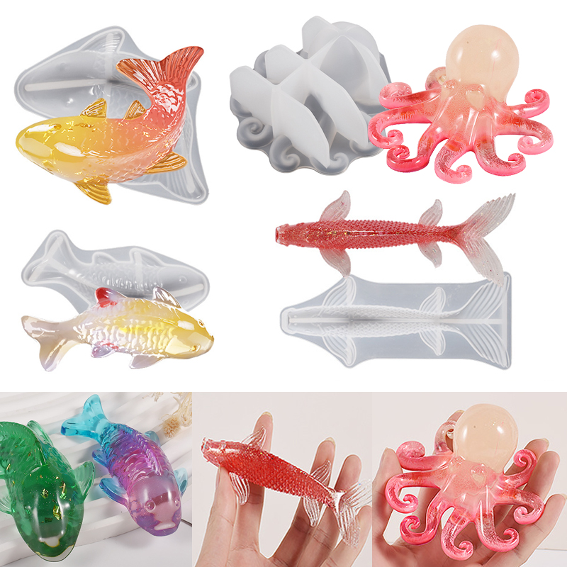 Aquarium Fish Koi - 3D Koi-Fisch-förmige Epoxidharz-Gießform, Meerestier-Karpfen-Oktopus-Epoxidguss-Silikonform, Aquarium-Dekoration, Schmuckherstellung